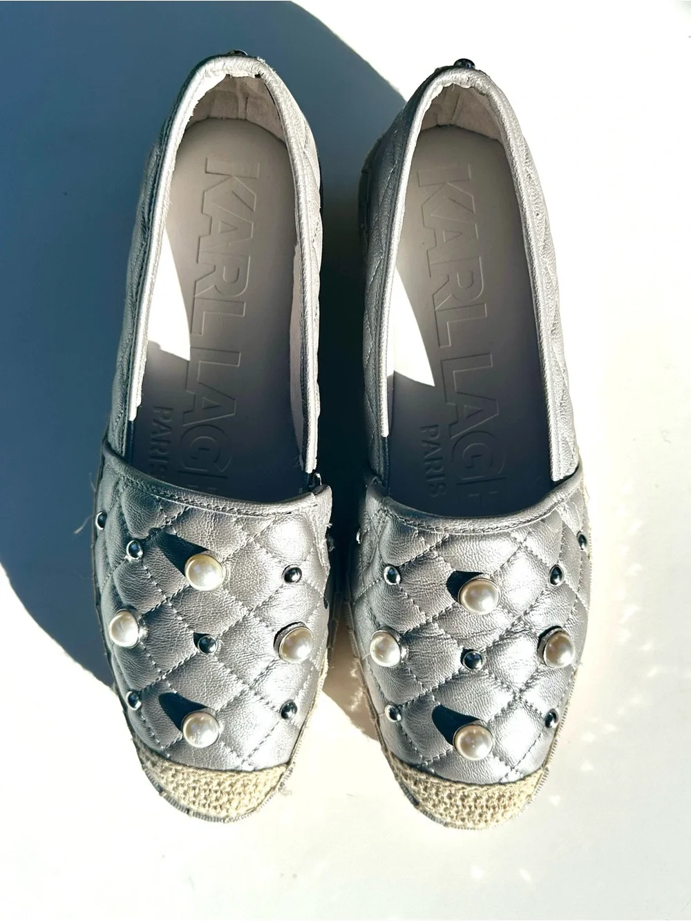 Karl Lagerfeld Desta Quilted Pearl-Accent Silver Espadrille Slip-On, 37, 6.5